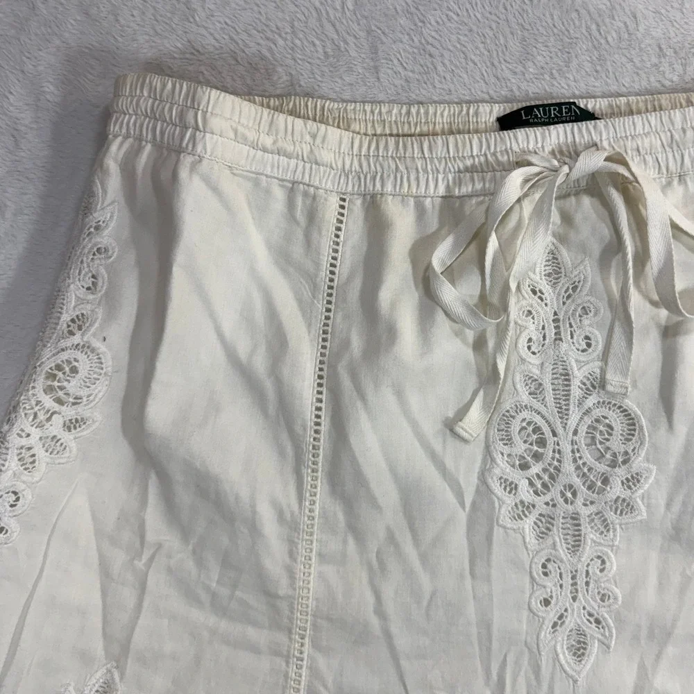 LRL XL White Knee-Length Skirt Bow Cotton Lace Embroidery Boho Fairy Cottage 70s - Picture 3 of 9